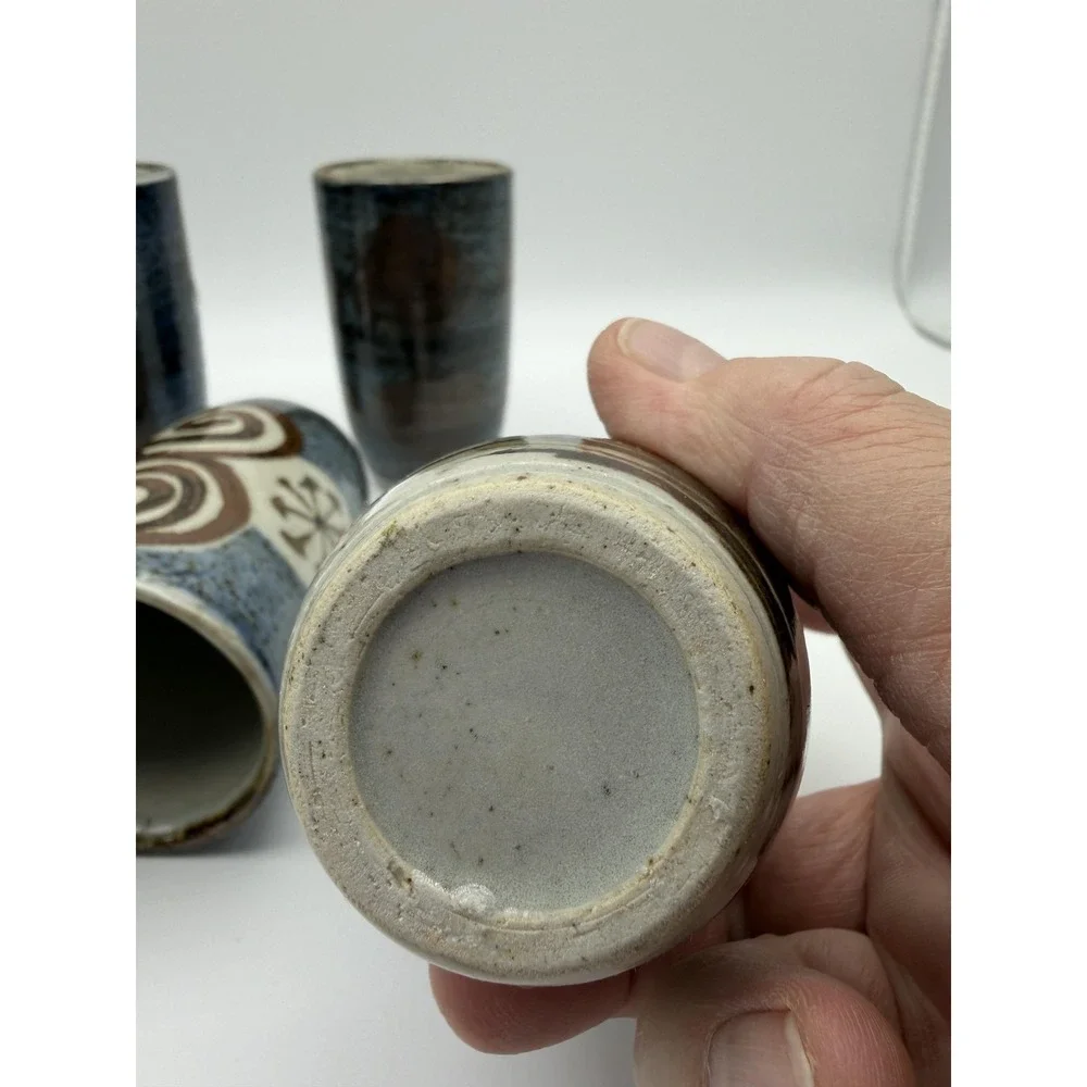 Studio Pottery Stoneware‎ Yunomi Tea Cups Set of 6 Blue Glaze Hand Painted Decor